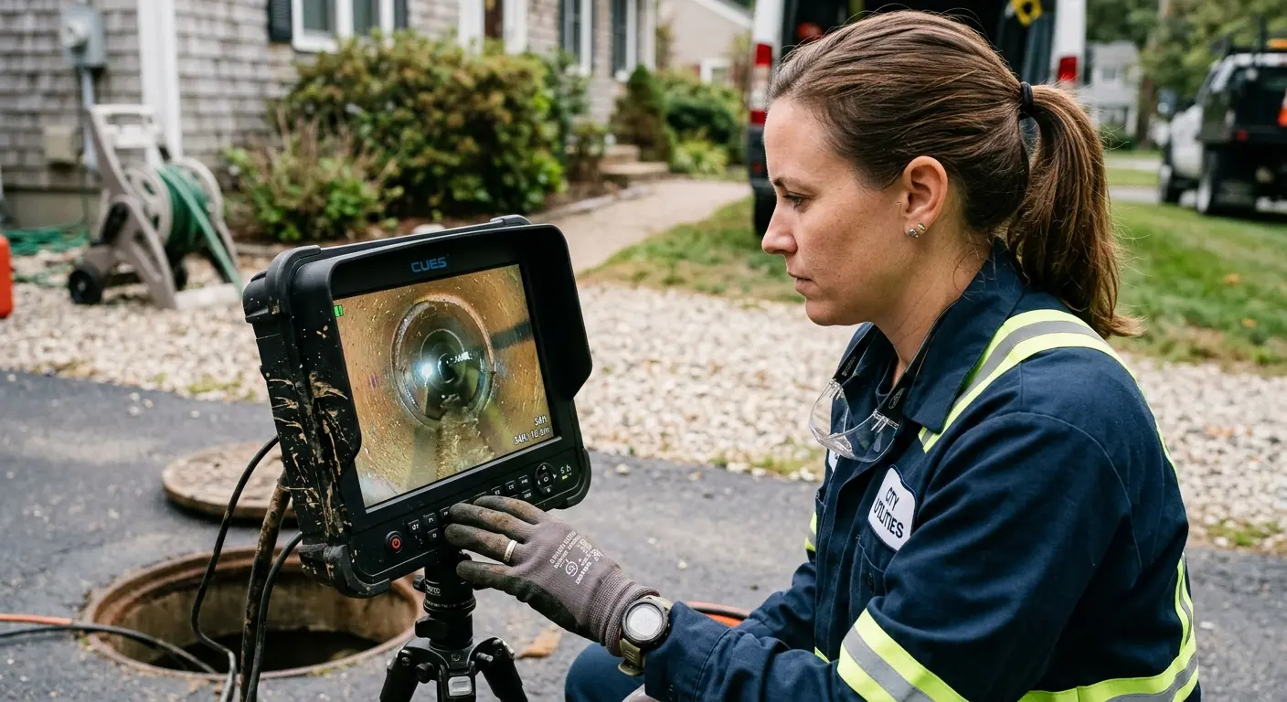 Technician reviewing sewer camera inspection footage in Saratoga Springs
