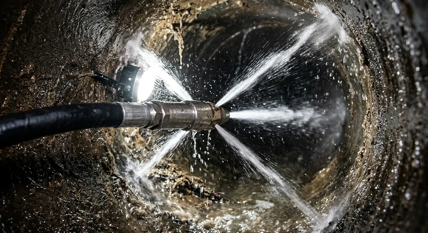 High-pressure hydro jetting nozzle cleaning sewer pipe for Emergency Drain Service in Saratoga Springs