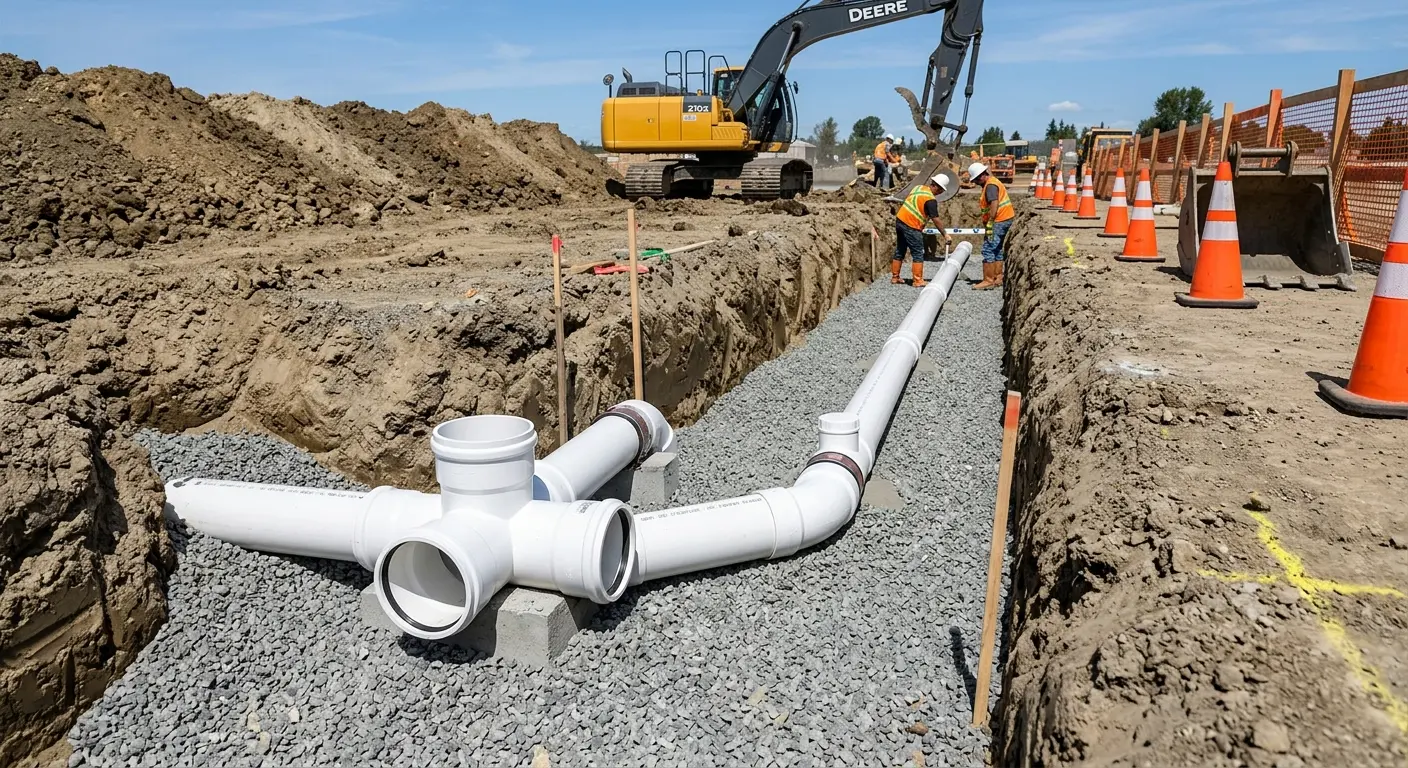 New PVC sewer pipe installation in open trench for Sewer Backup in Saratoga Springs