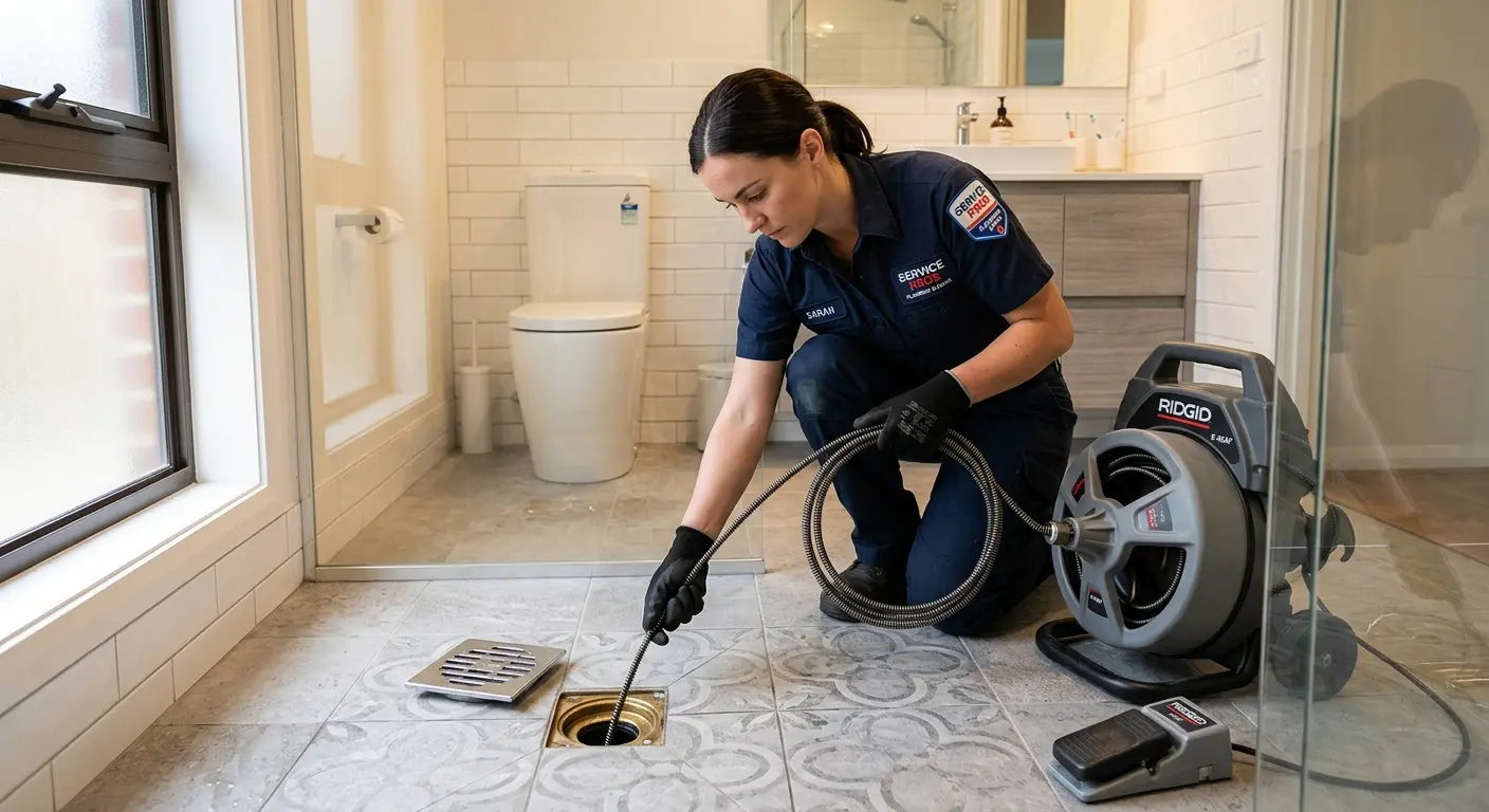 Technician clearing a bathroom floor drain for Drain Repair in Saratoga Springs
